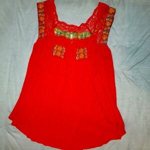 Free People, S, Red, Embroidered Floral Lace Flowy Top
